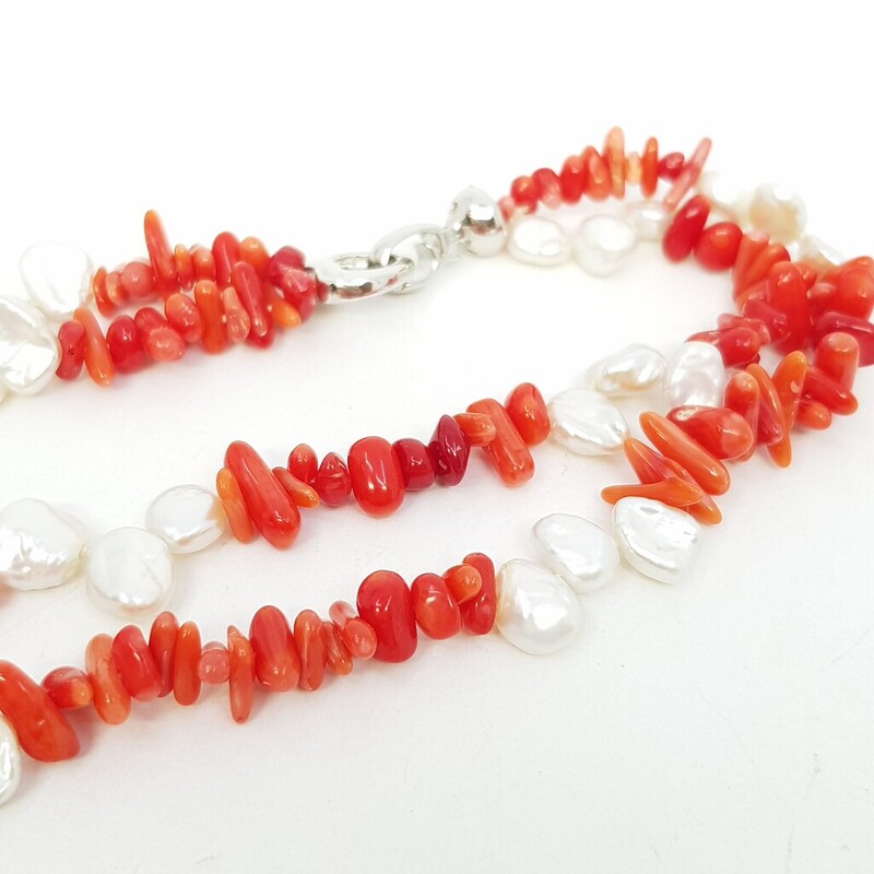 Red Coral & Freshwater Pearl Necklace 50cm #61681-15