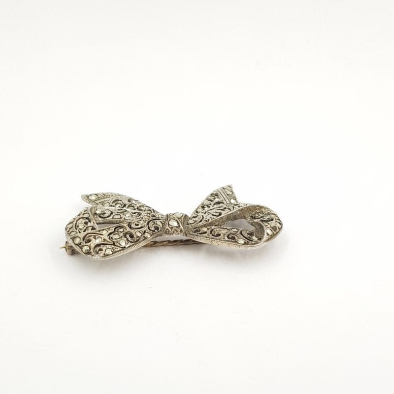 Vintage Sterling Silver Marcasite Bow Brooch Made in England #9523-14