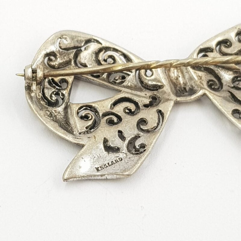 Vintage Sterling Silver Marcasite Bow Brooch Made in England #9523-14