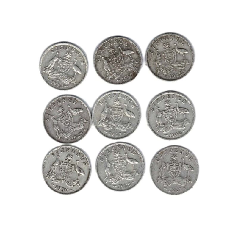 9 X Sterling Silver Australian Sixpence 6P 6D Coin Collection (1921-1942) #27572