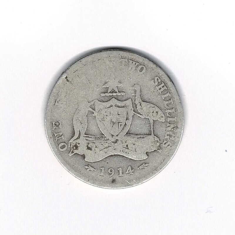 1914 Sterling Silver Florin (2 Shillings) Australian Coin King George V KGV #60746-1