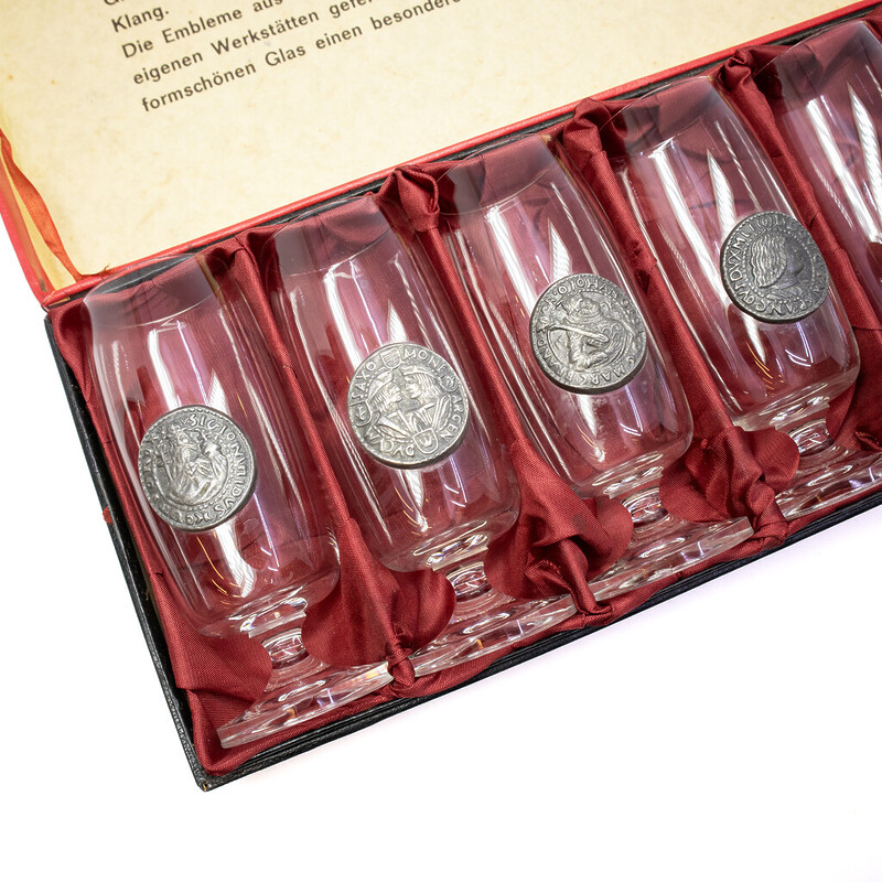Rastal Bohemian Crystal Glass Set (x6) with Pewter Antique-Style Coins on The Front #62509