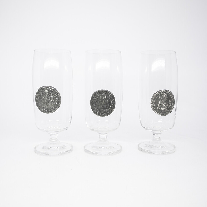 Rastal Bohemian Crystal Glass Set (x6) with Pewter Antique-Style Coins on The Front #62509