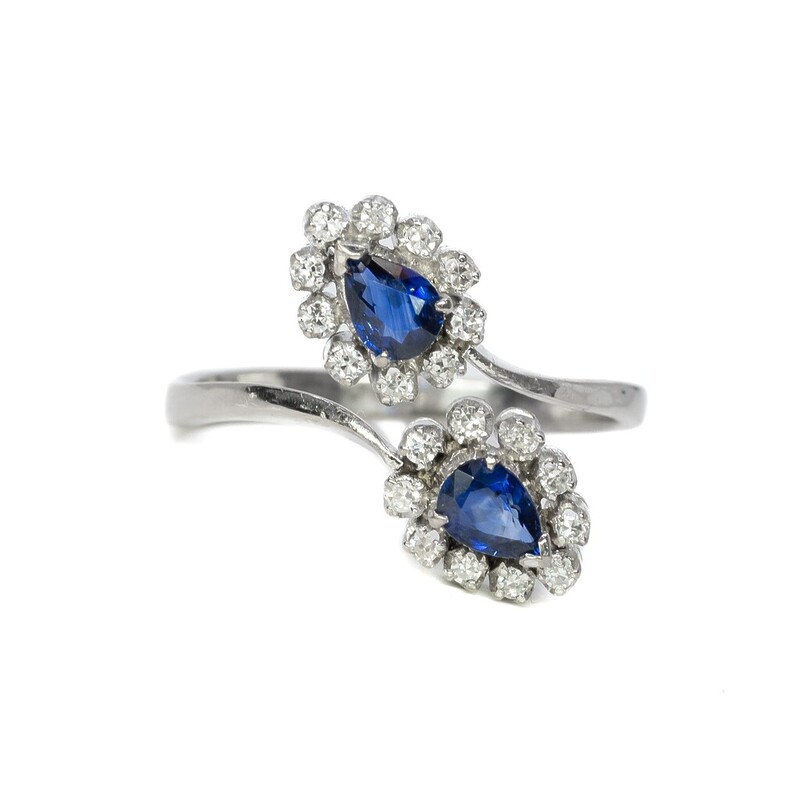 9ct White Gold Pear Sapphire & Diamond Halo Ring Size S #62332