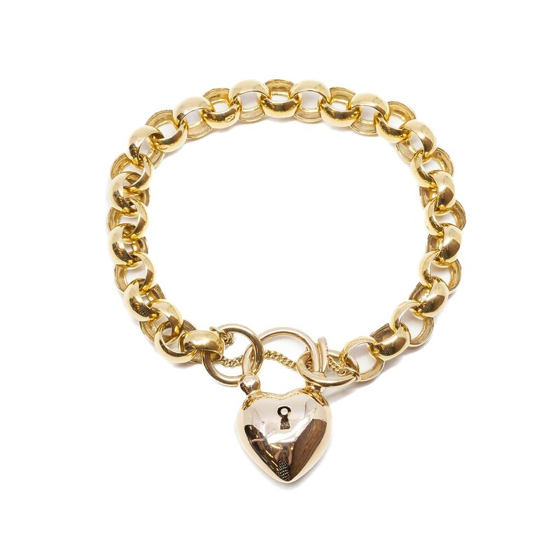 9ct Yellow Gold Belcher Bracelet Heart Padlock Clasp 20cm (Individually Stamped) #62801
