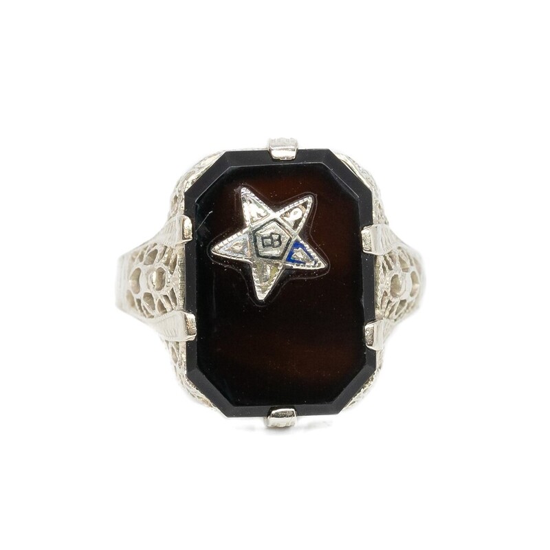 Vintage 14ct White Gold Onyx Star Signet Ring Size F 1/2 #62315