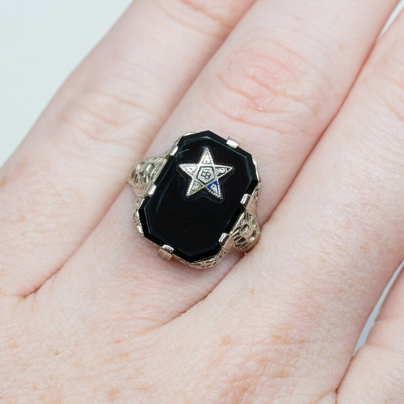 Vintage 14ct White Gold Onyx Star Signet Ring Size F 1/2 #62315