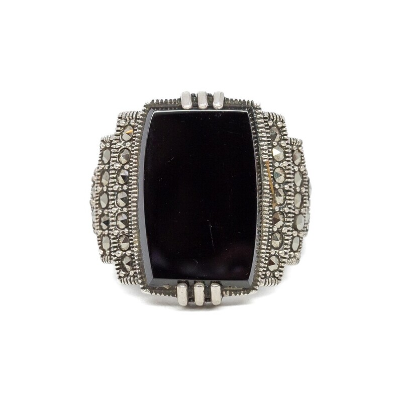 Sterling Silver Onyx & Marcasite Graduated Signet Ring Size O #6119