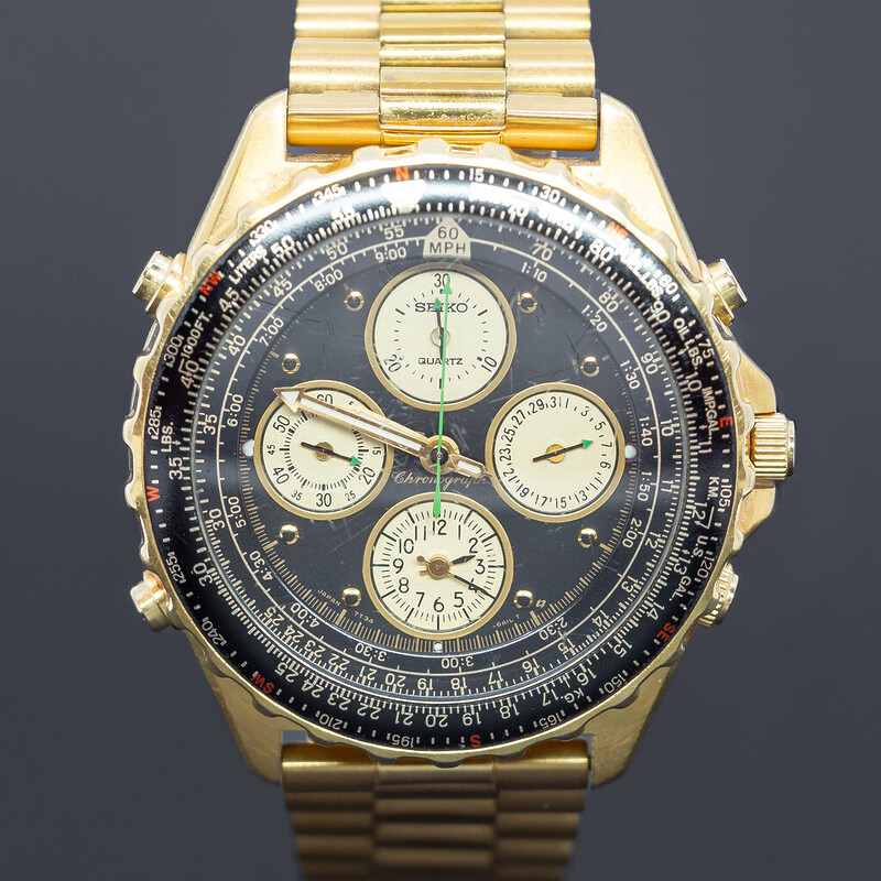 Seiko Flightmaster 7T34-6A09 Gold Tone Chronograph Watch #62924