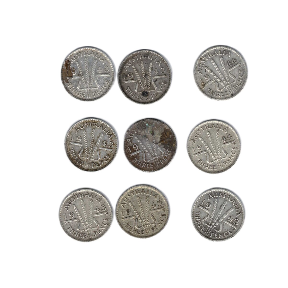 9 X Australia Sterling Silver Threepence Coin Collection 1940 S (1941 1942 1943 1944) #27580
