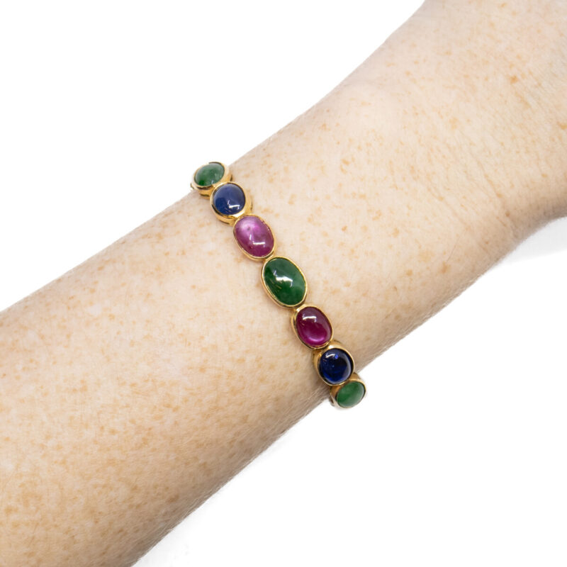 18ct Yellow Gold Oval Cabochon Emerald Sapphire Ruby & Diamond Bangle 53mm #61415