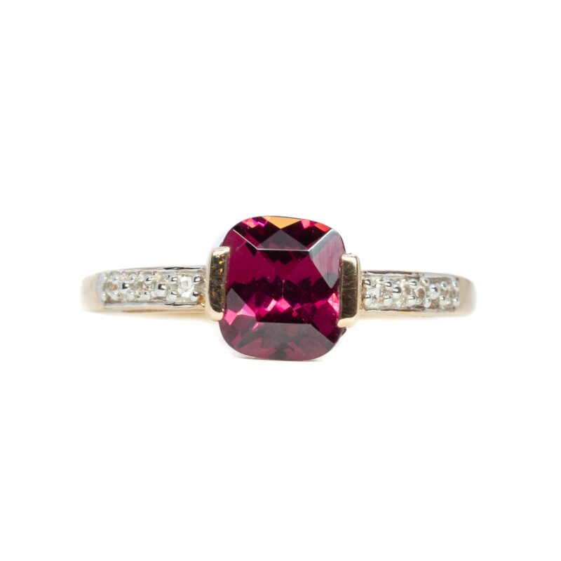 Red Cushion Cut Garnet & Diamond Ring in 10ct Yellow Gold Size N 1/2 #62878