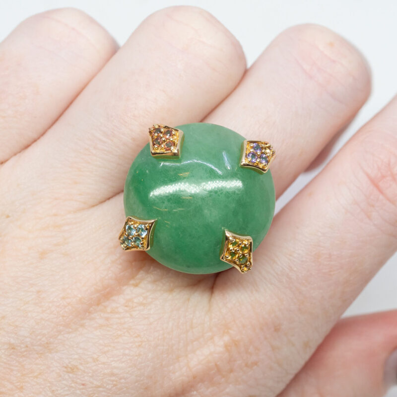 Round Cabochon Jade & Gemstone Ring in 14ct Yellow Gold Size R 1/2 #59425