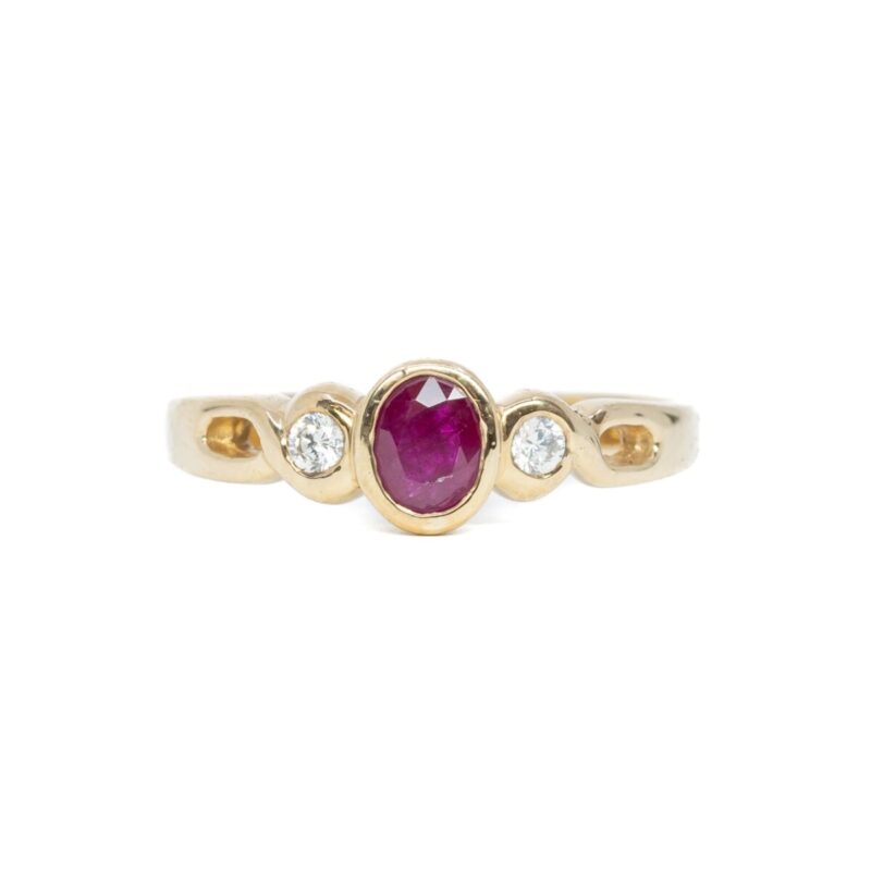 9ct Yellow Gold Oval Ruby & CZ Trilogy Ring Size P #62261