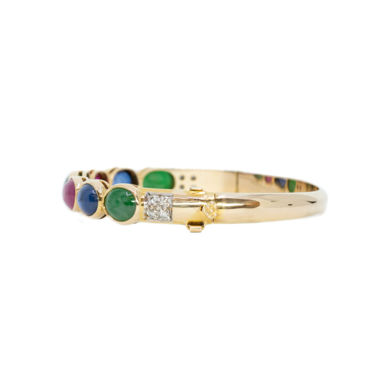 18ct Yellow Gold Oval Cabochon Emerald Sapphire Ruby & Diamond Bangle 53mm #61415