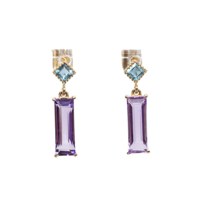 Rectangle Amethyst & Topaz Drop Earrings in 14ct Yellow Gold #62880