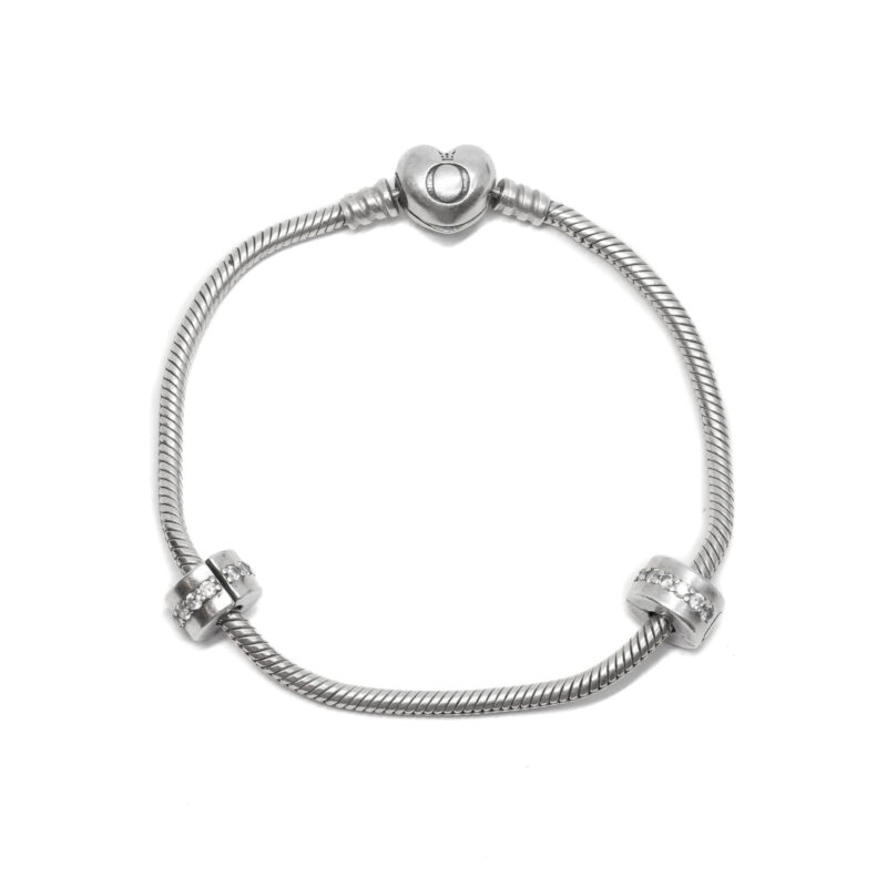 Pandora Sterling Silver Bracelet + 2 Pandora Sparkling Row Clip Charms #61651