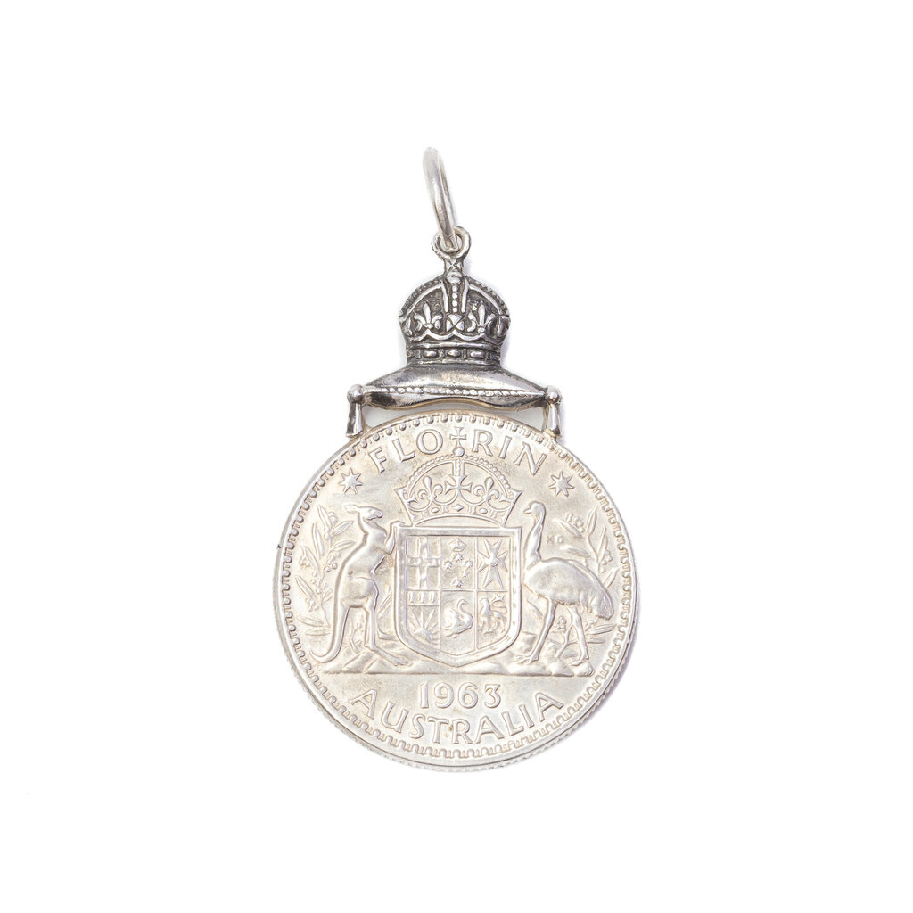 Vintage Sterling Silver Crown Pendant with 1963 Australia Florin #63240
