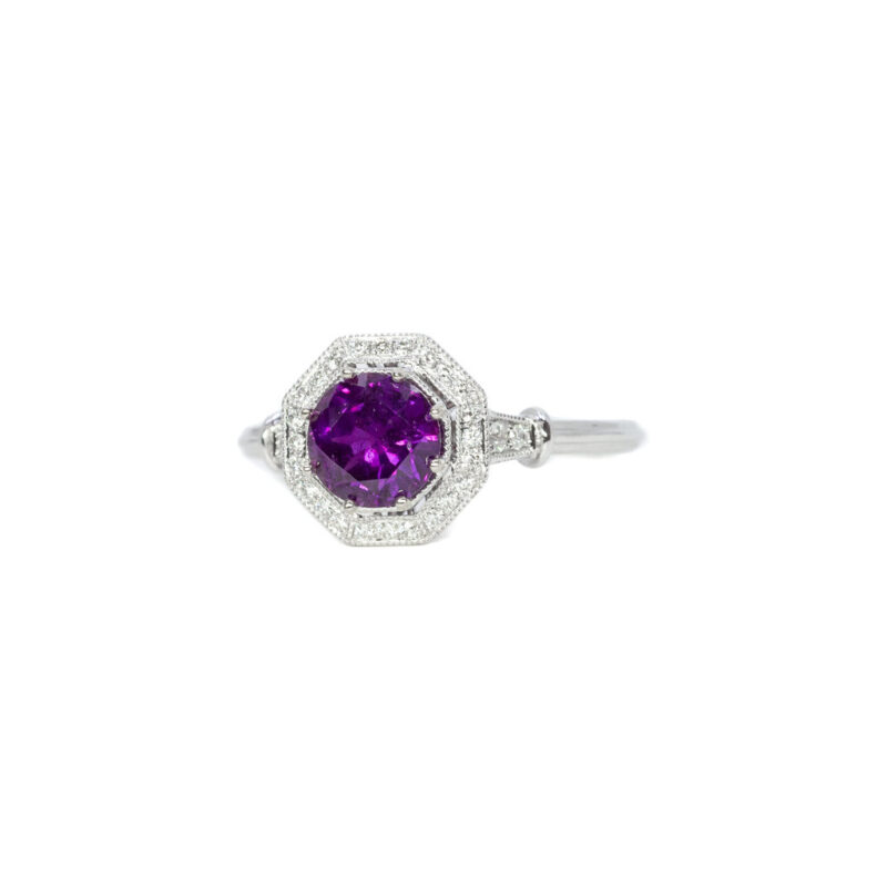 1.20ct Purple Sapphire & Diamond Halo Ring in 18ct White Gold Size N Val $5000 #61439