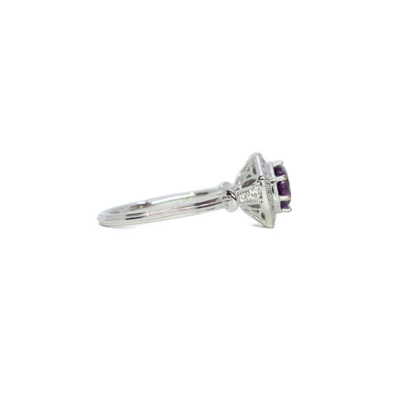 1.20ct Purple Sapphire & Diamond Halo Ring in 18ct White Gold Size N Val $5000 #61439