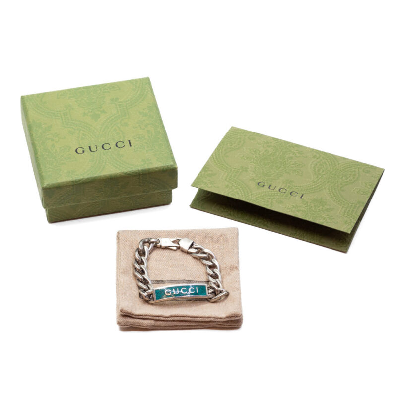 Gucci Logo Enamel Silver Turquoise ID Bracelet Size 17 + Accessories #63010