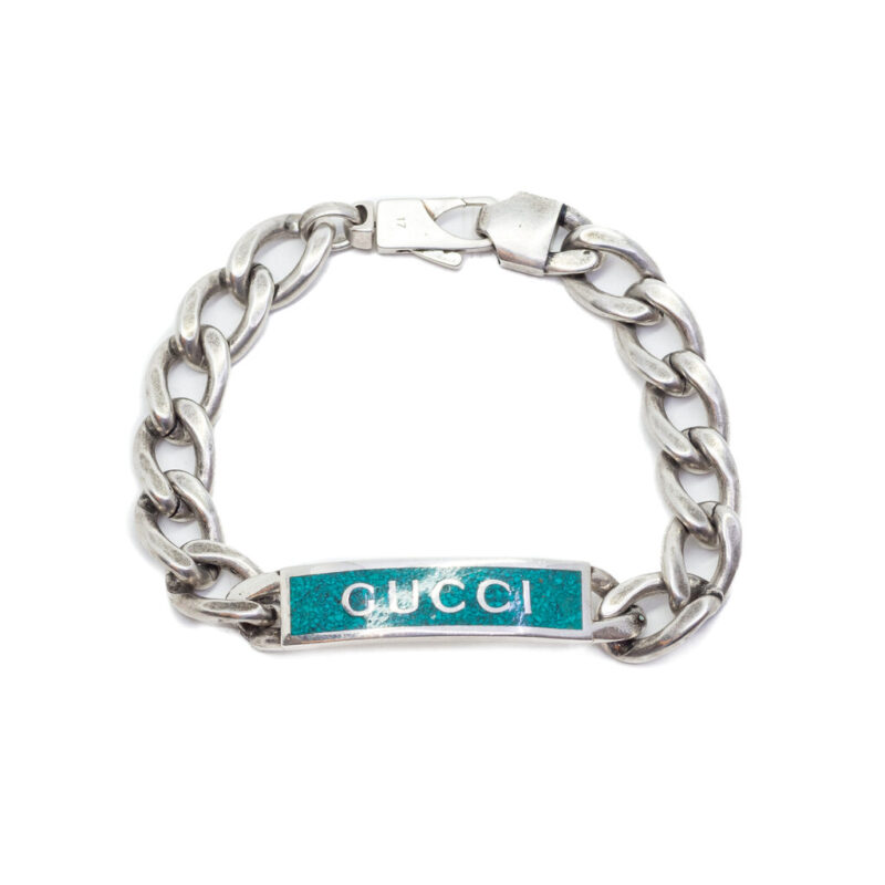 Gucci Logo Enamel Silver Turquoise ID Bracelet Size 17 + Accessories #63010