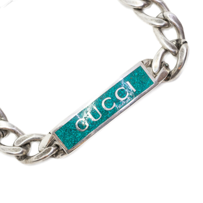 Gucci Logo Enamel Silver Turquoise ID Bracelet Size 17 + Accessories #63010