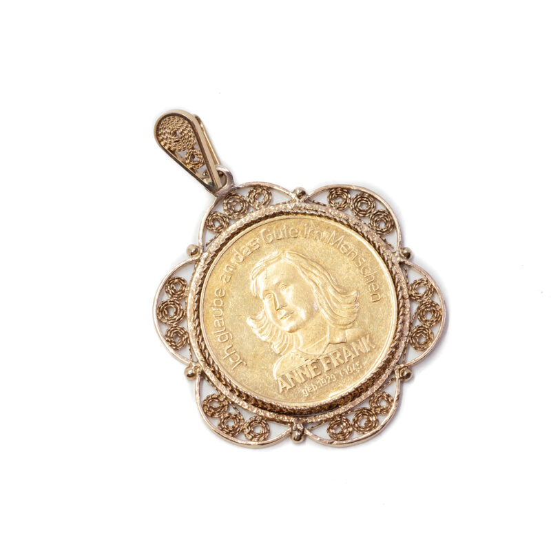 22ct Gold Anne Frank Medallion / Coin in 9ct Yellow Gold Filagree Pendant #61248
