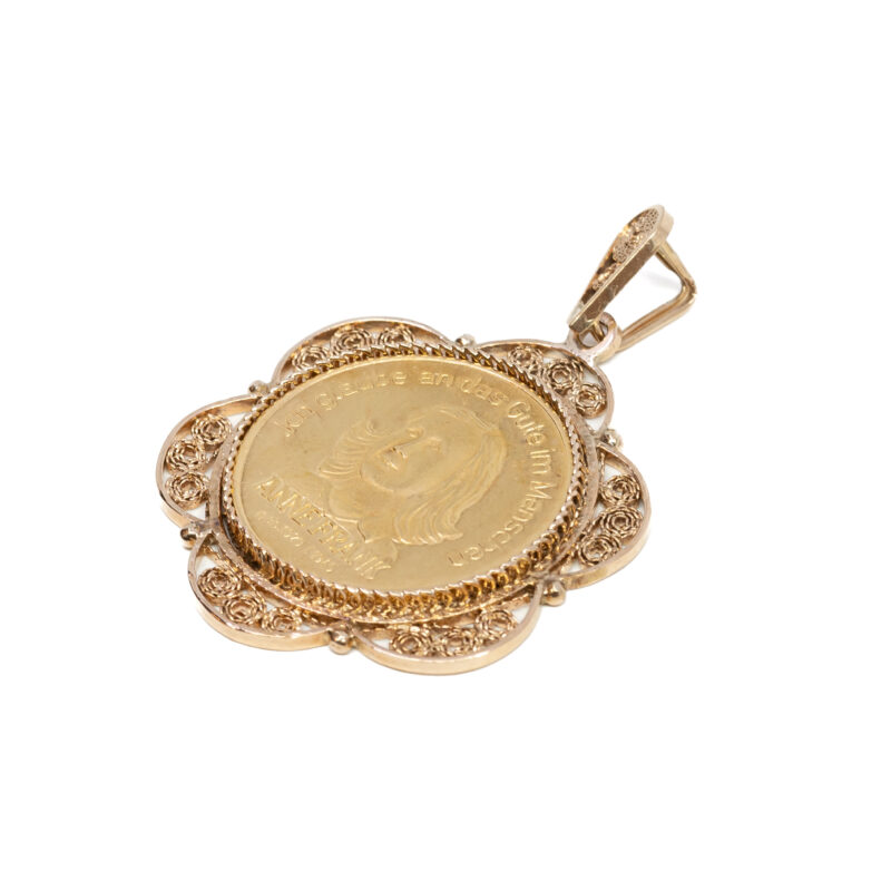 22ct Gold Anne Frank Medallion / Coin in 9ct Yellow Gold Filagree Pendant #61248