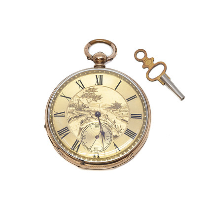 9ct Gold Oriental Dial Open Face Patent Lever Fob Watch #62325