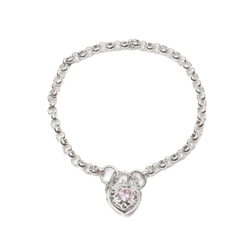Sterling Silver Belcher Bracelet with Pink CZ Love Heart Clasp 19cm #62760