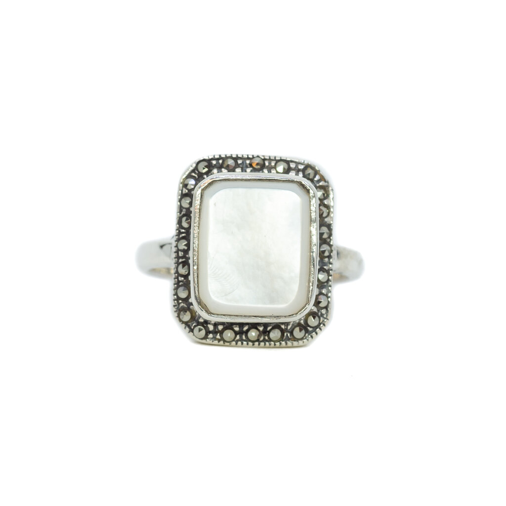 Sterling Silver Mother of Pearl & Marcasite Ring Size R #63275