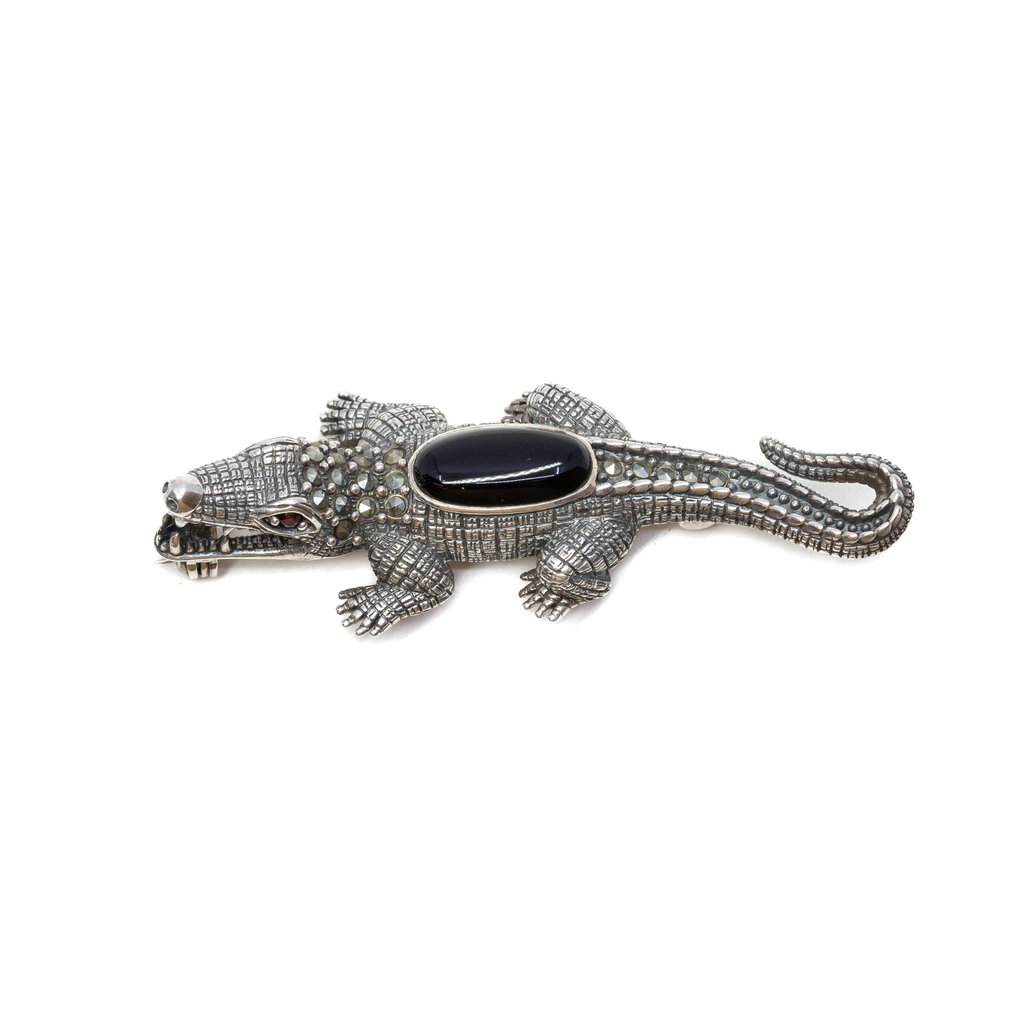 Sterling Silver Onyx & Marcasite Crocodile Brooch Pin #63274