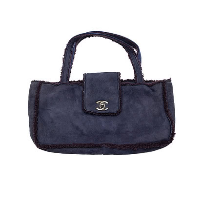 Chanel CC Shearling Blue Suede Bag + COA #62707
