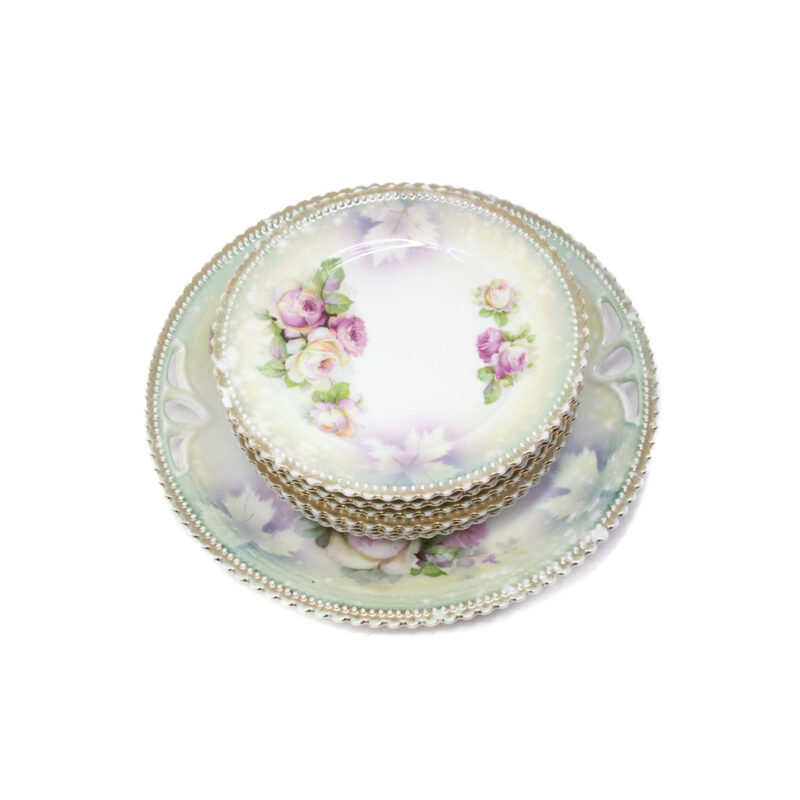 Antique PK Silesia Flowers Roses Cake Tray & Plates Set #4065-8