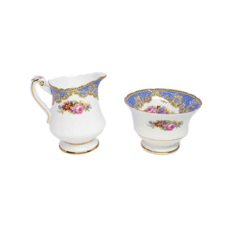 Vintage Paragon Honiton Blue Rose Bouquet Sugar Bowl & Creamer #4065-2