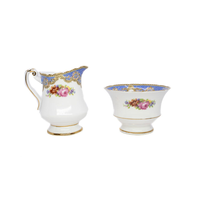 Vintage Paragon Honiton Blue Rose Bouquet Sugar Bowl & Creamer #4065-2