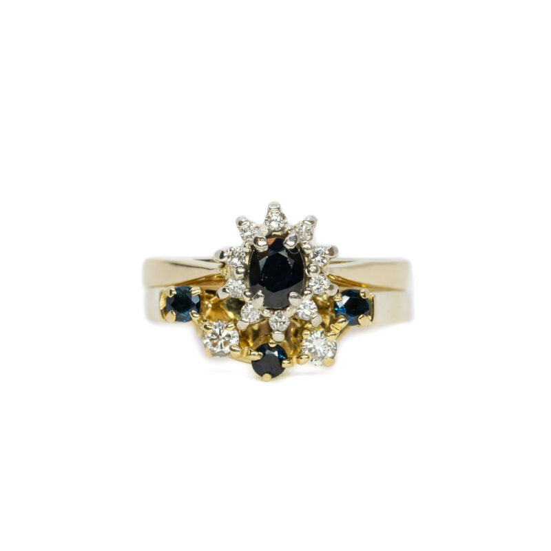 18ct Yellow Gold Sapphire & Diamond Halo Two Ring Set Size M 1/2 #63184