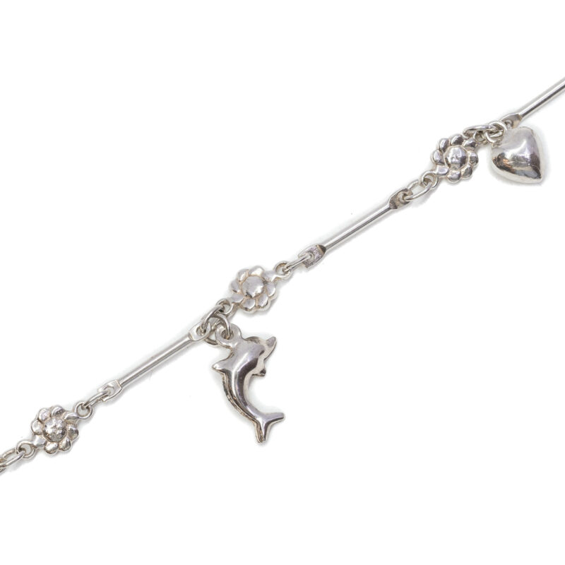 Sterling Silver Dolphin, Love Heart & Flower Bracelet 18cm #63321