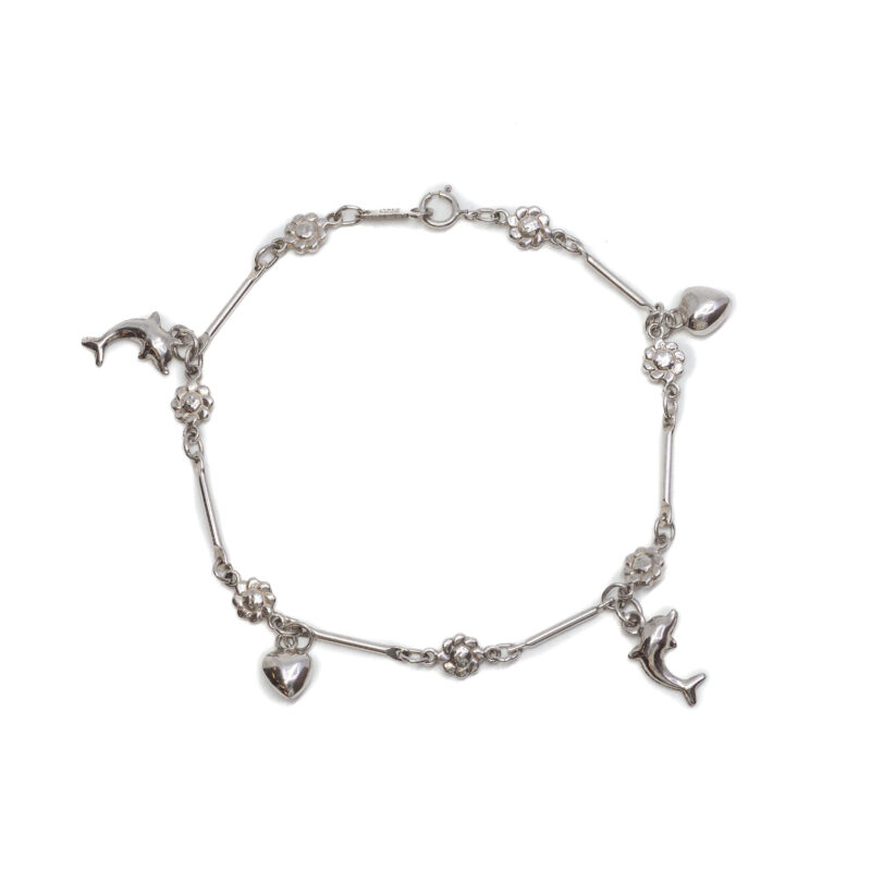 Sterling Silver Dolphin, Love Heart & Flower Bracelet 18cm #63321