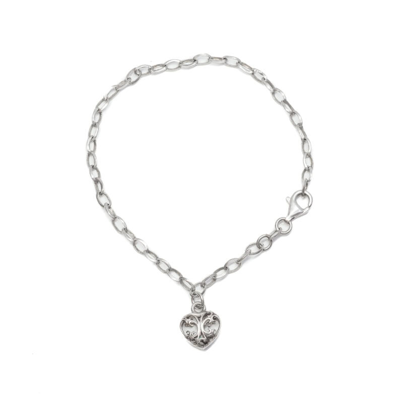 Sterling Silver Oval Belcher Bracelet with Heart Charm 20cm #63298