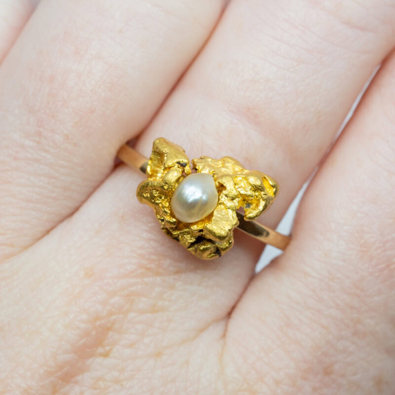 Natural Gold Nugget & Freshwater Pearl 9ct Gold Handmade Ring Size M 1/2 #62264