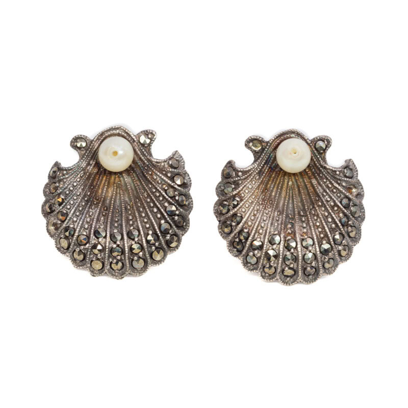 Sterling Silver Marcasite & Pearl Clam Shaped Earrings #62245