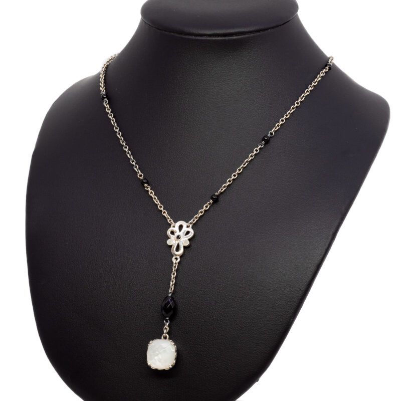 Pandora Sincerity Sterling Silver Y Drop Mother of Pearl Onyx Necklace 48cm #63082