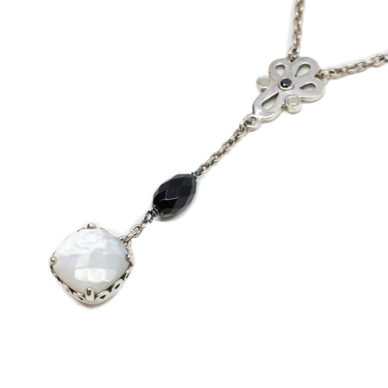 Pandora Sincerity Sterling Silver Y Drop Mother of Pearl Onyx Necklace 48cm #63082
