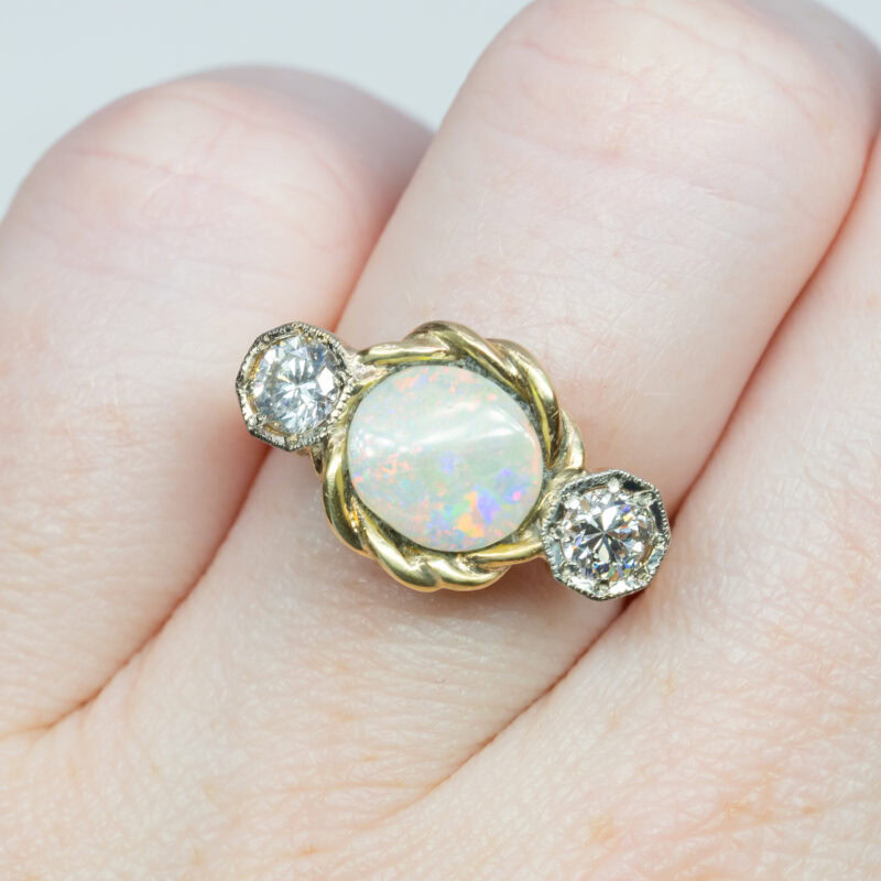 Vintage 9ct Gold Opal & Diamond Hinged Ring Size G 1/2 #62663