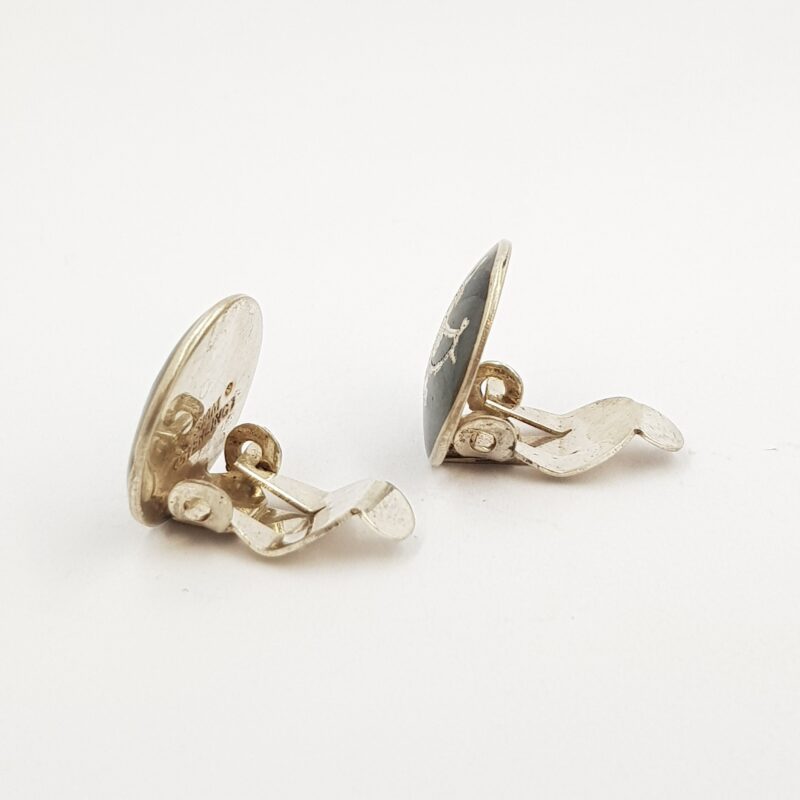 Vintage Sterling Silver Siam/Thai Niello Dancing Figures Clip-On Earrings #9325-24