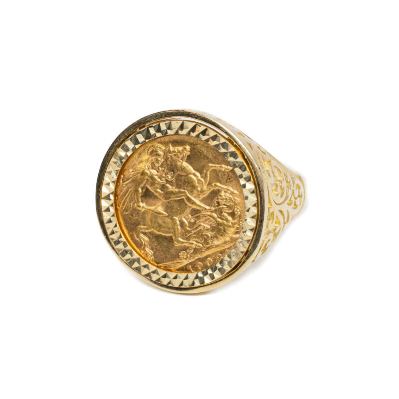 22ct Gold 1908 Full Sovereign Coin In 9ct Gold Ring Z+ 1 #35403