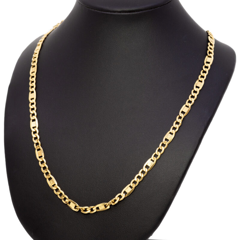 18ct Yellow Gold Greek Key Design Figaro Link Chain Necklace 60cm #61356