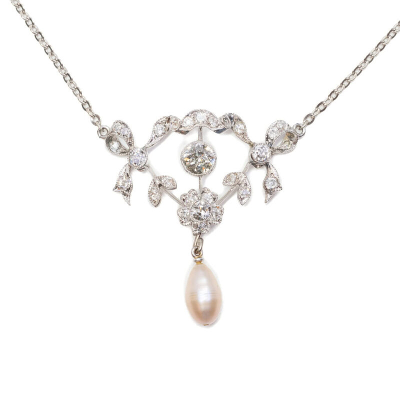 Antique Old Euro Cut Diamond & Pearl Necklet Platinum & Gold Val $7500 #60895